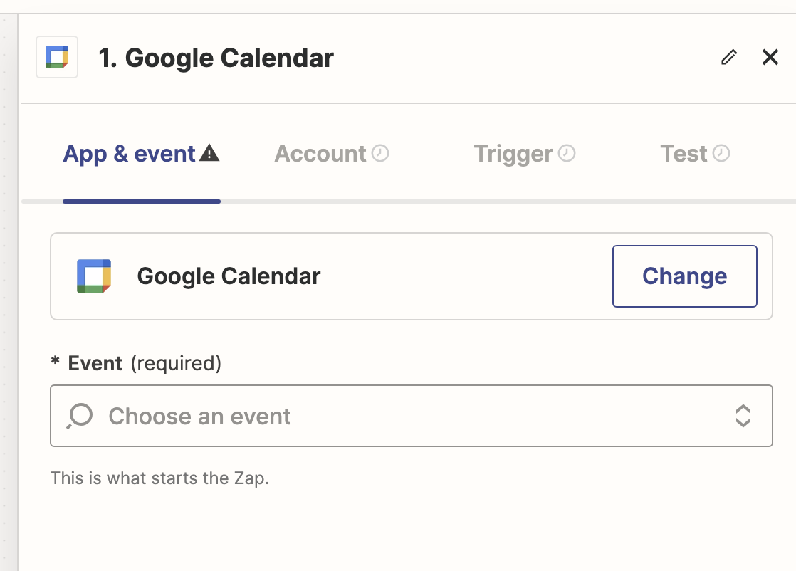 Google Calendar를 Trigger Event로 선택한 화면